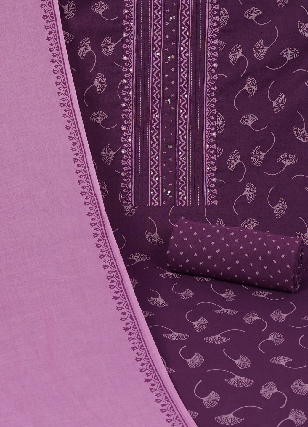 Elegant Purple Printed Cotton Unstitched Dress Material Set with Matching Dupatta & Bottom.