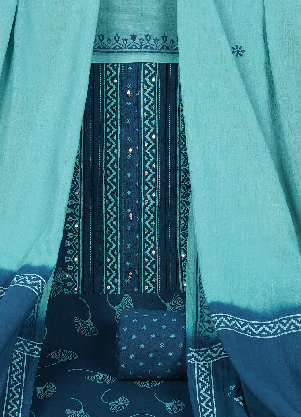 Elegant Blue Printed Cotton Unstitched Dress Material Set with Matching Dupatta & Bottom.