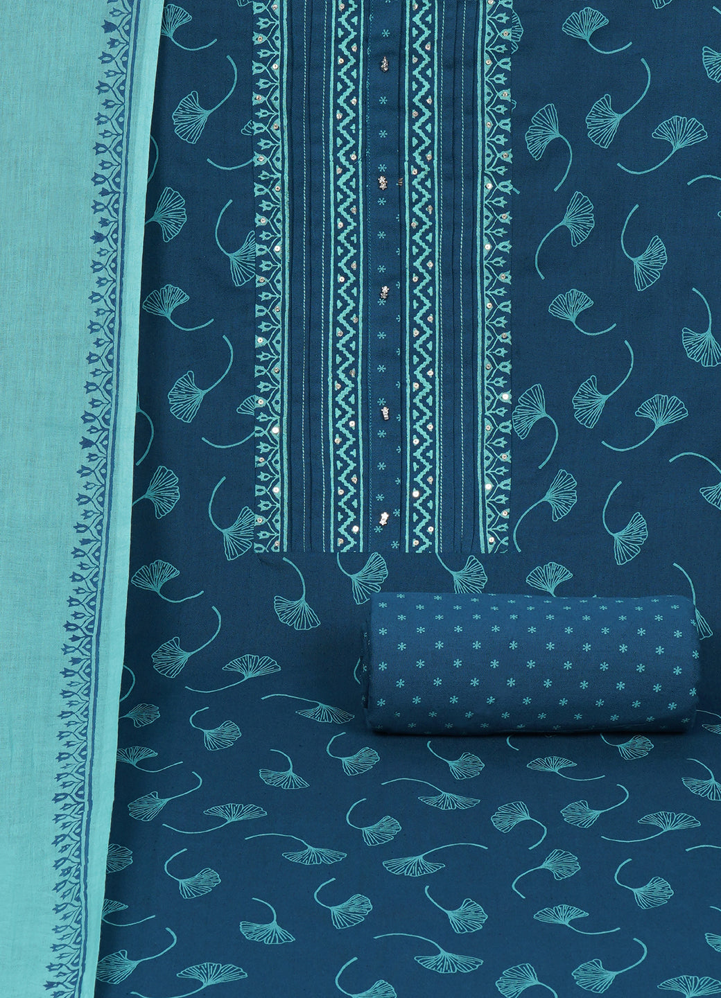 Elegant Blue Printed Cotton Unstitched Dress Material Set with Matching Dupatta & Bottom.