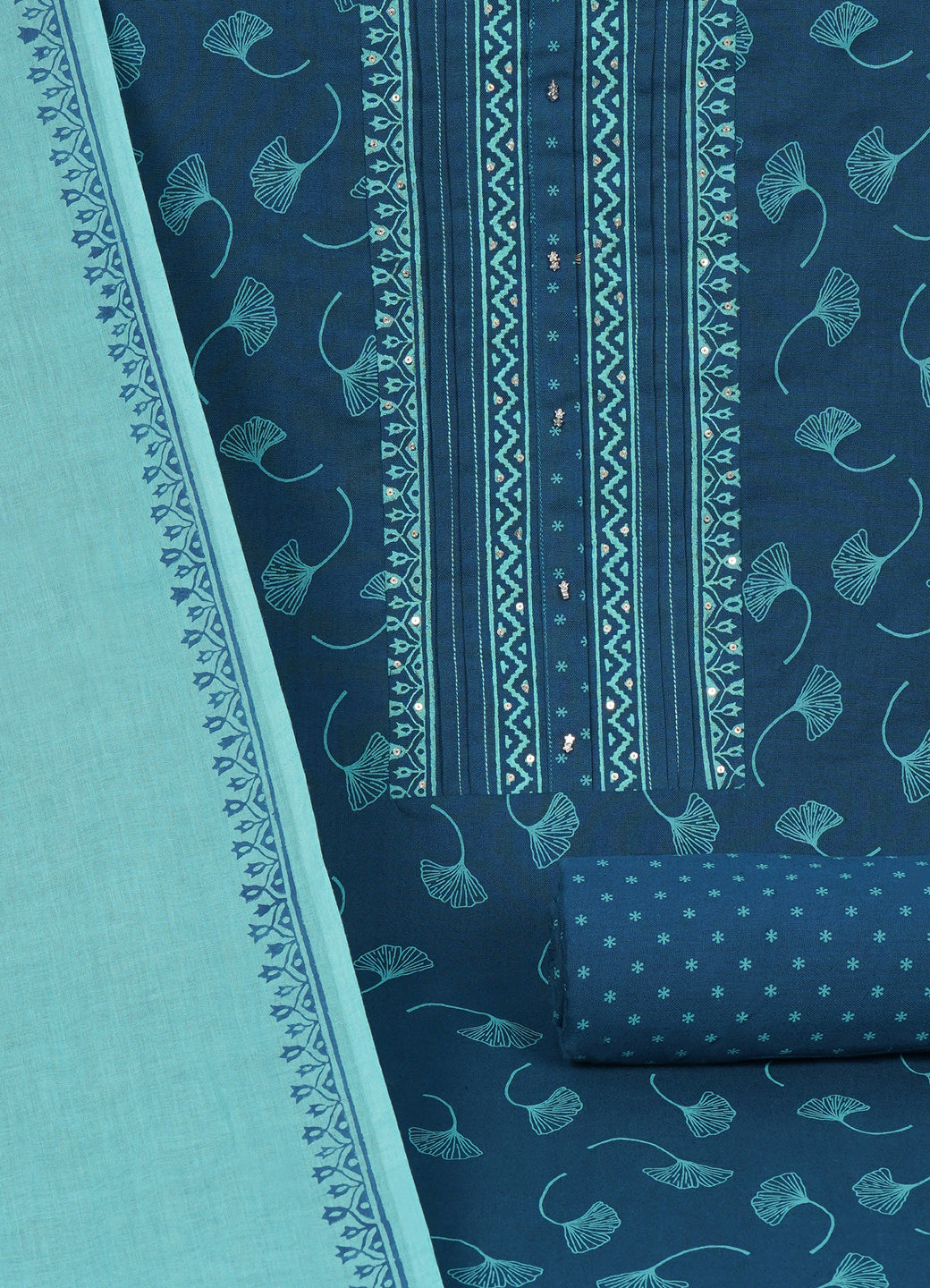 Elegant Blue Printed Cotton Unstitched Dress Material Set with Matching Dupatta & Bottom.