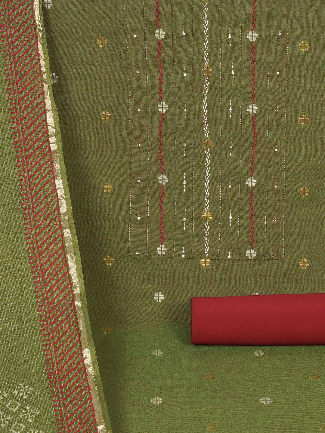 3-piece unstitched suit set crafted in handloom rich cross-colored fabric, features a tikki detailing.