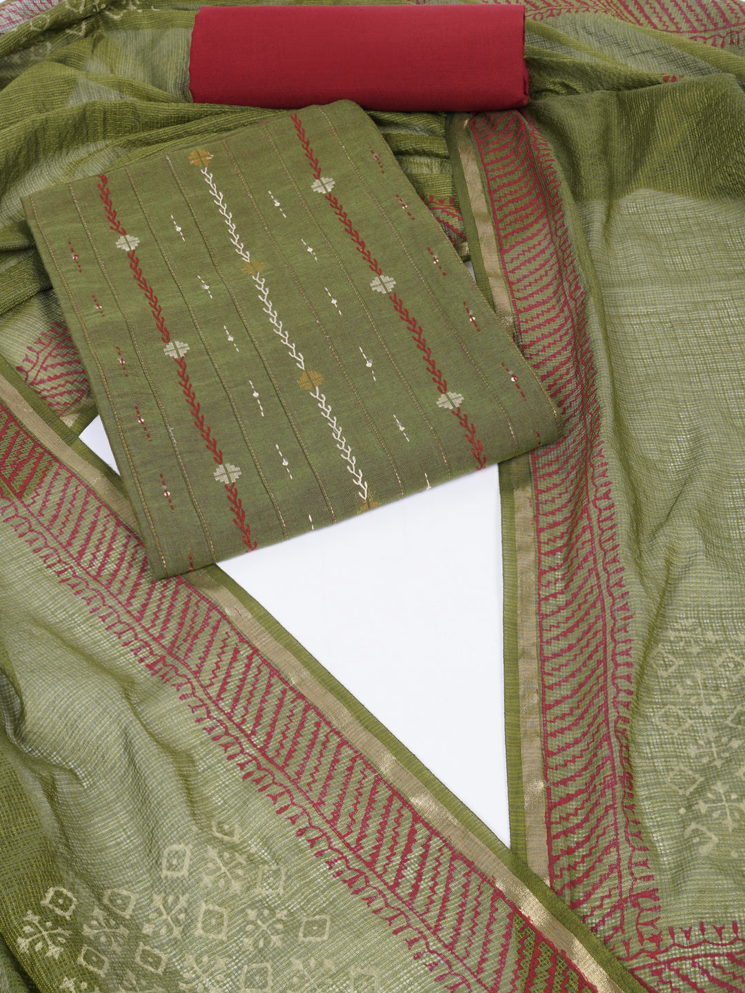 3-piece unstitched suit set crafted in handloom rich cross-colored fabric, features a tikki detailing.