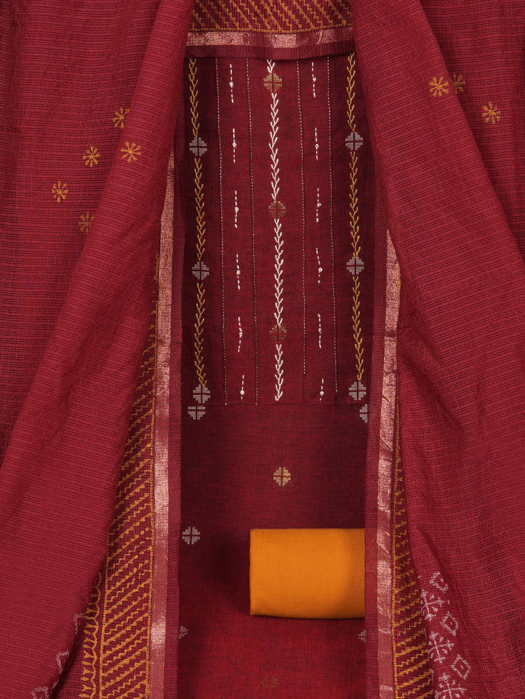 3-piece unstitched suit set crafted in handloom rich cross-colored fabric, features a tikki detailing.