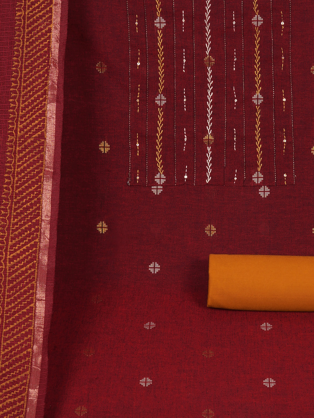3-piece unstitched suit set crafted in handloom rich cross-colored fabric, features a tikki detailing.