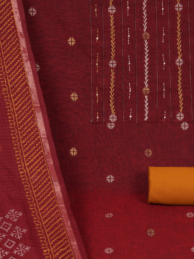 3-piece unstitched suit set crafted in handloom rich cross-colored fabric, features a tikki detailing.
