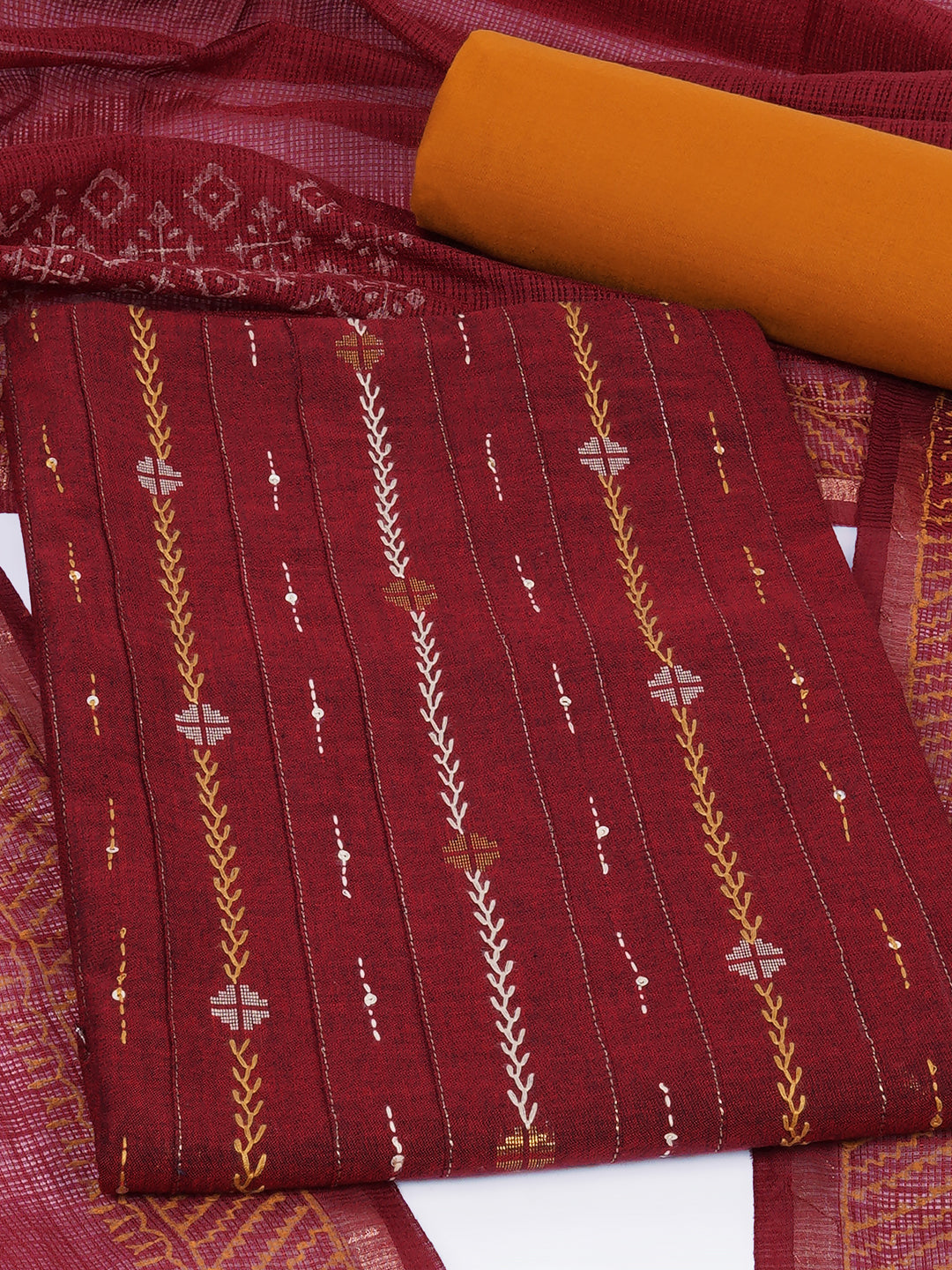 3-piece unstitched suit set crafted in handloom rich cross-colored fabric, features a tikki detailing.