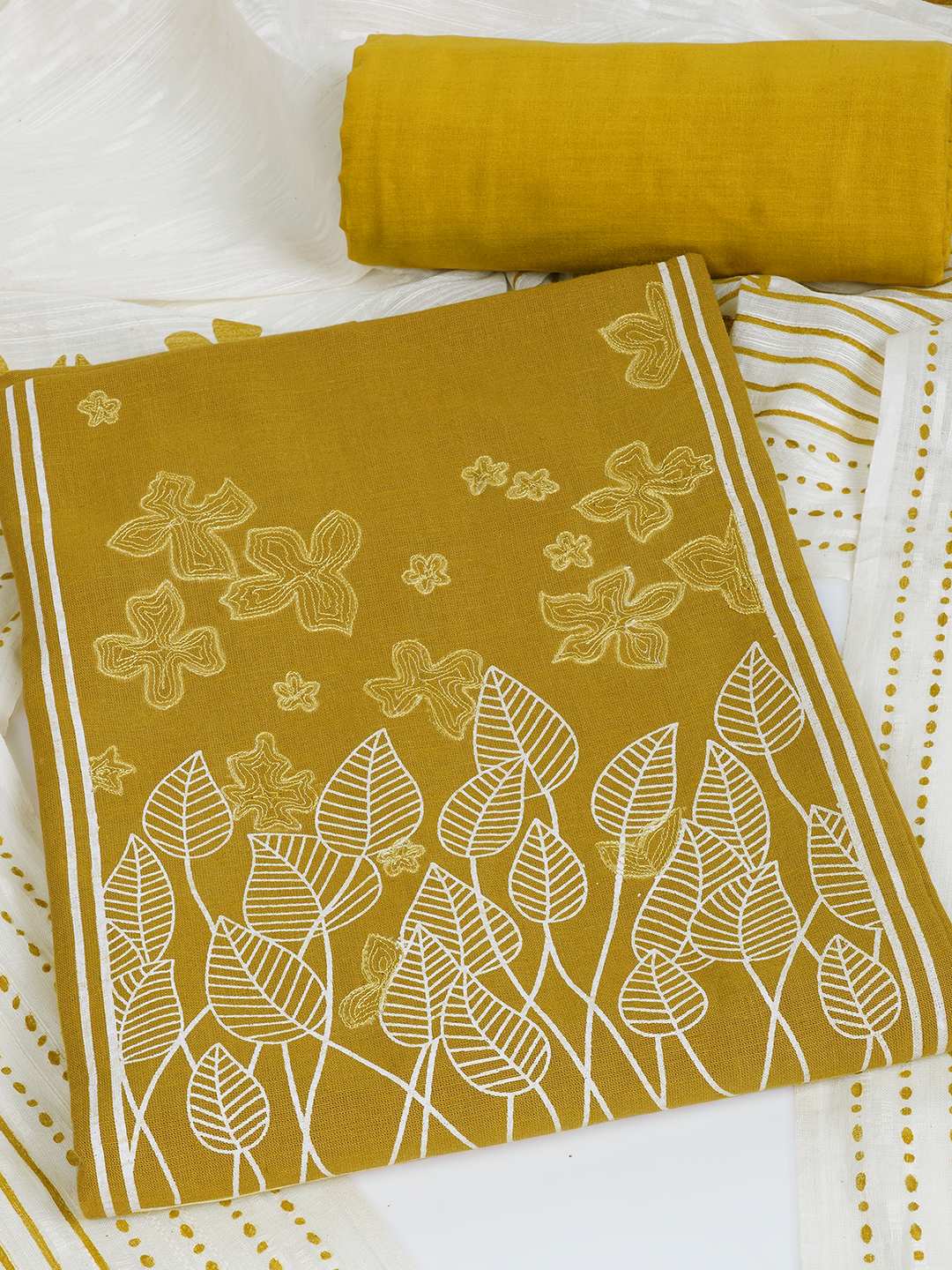 A 3-piece kurta set featuring a solid kurta with a block-printed yoke highlighted with delicate embroidery.(Yellow)