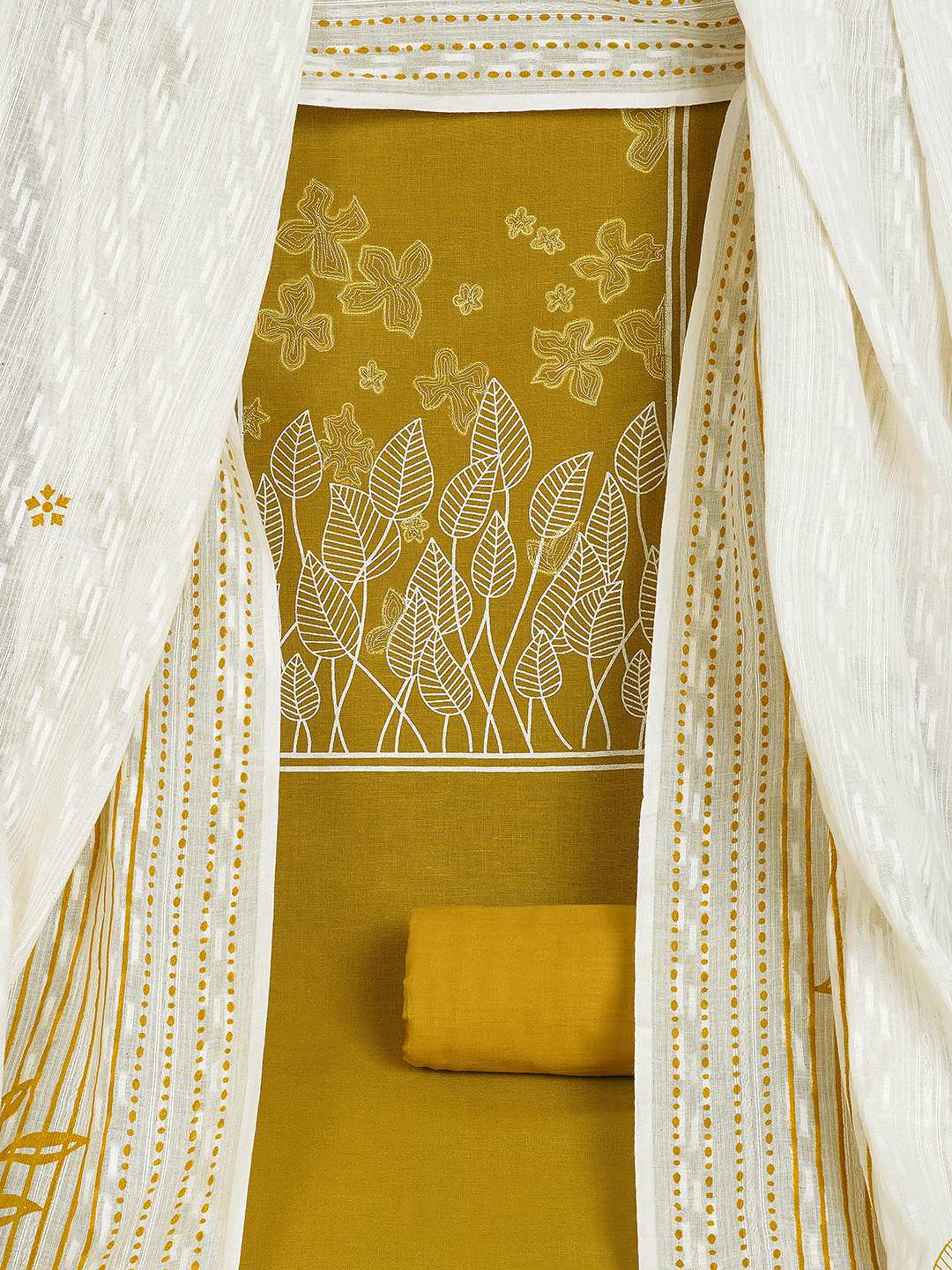 A 3-piece kurta set featuring a solid kurta with a block-printed yoke highlighted with delicate embroidery.(Yellow)