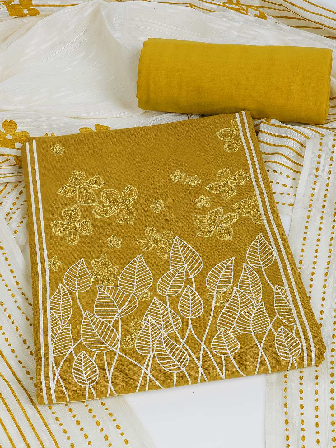 A 3-piece kurta set featuring a solid kurta with a block-printed yoke highlighted with delicate embroidery.(Yellow)