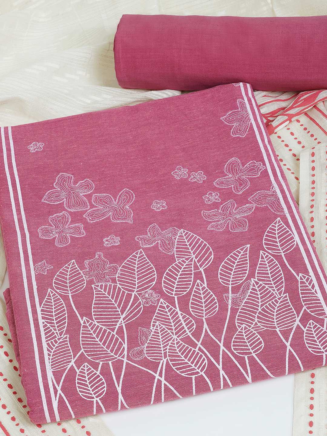 A 3-piece kurta set featuring a solid kurta with a block-printed yoke highlighted with delicate embroidery.(Pink)