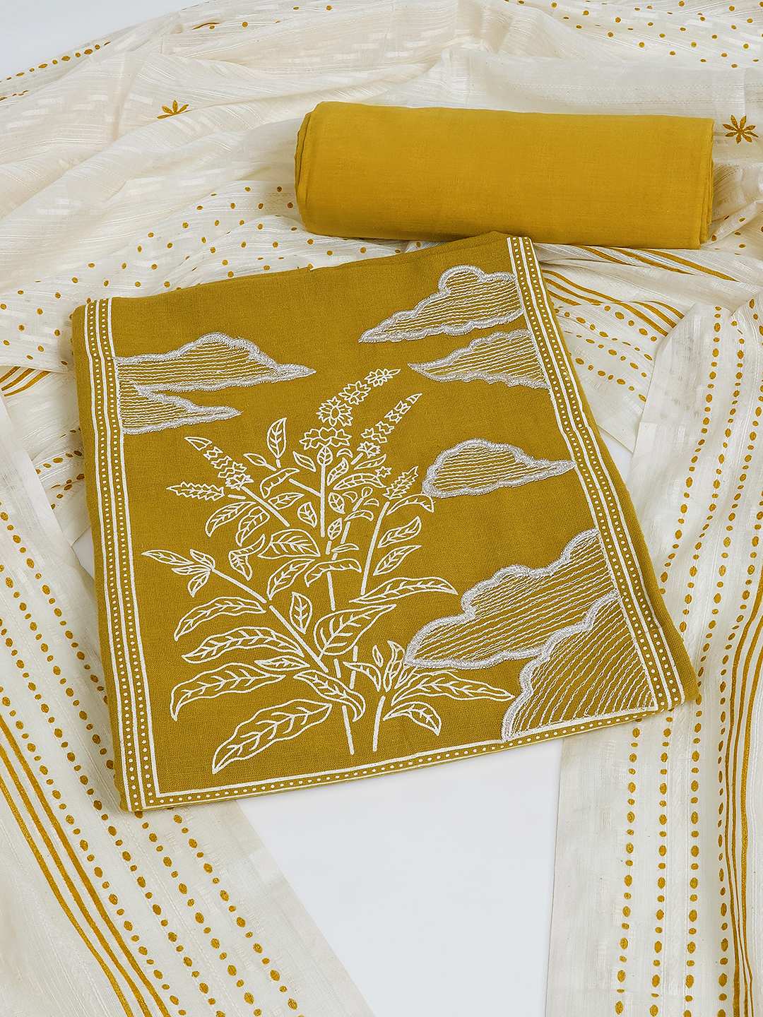 A 3-piece kurta set features a solid kurta adorned with a block-printed yoke and intricate embroidery details.(Yellow)