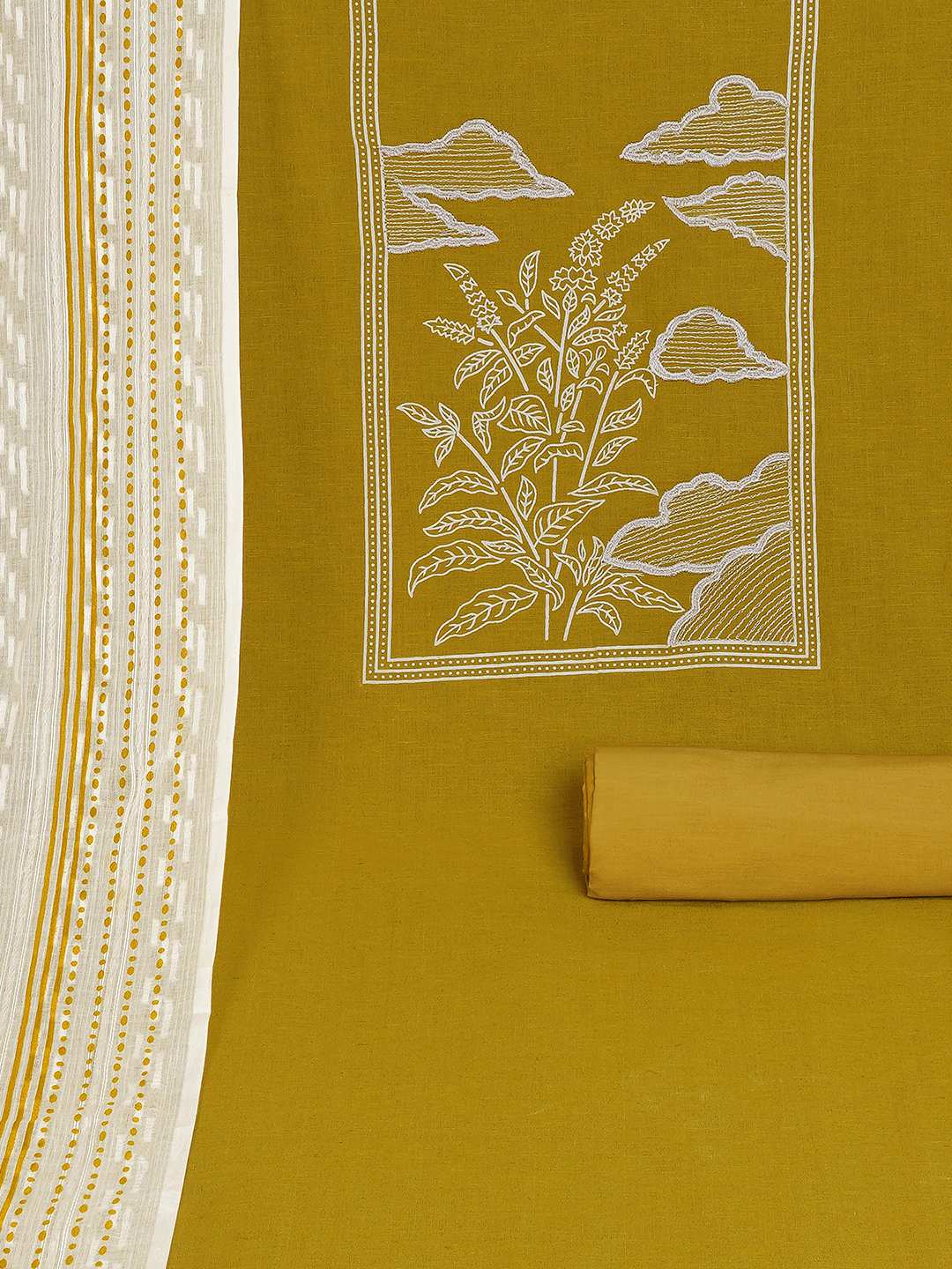 A 3-piece kurta set features a solid kurta adorned with a block-printed yoke and intricate embroidery details.(Yellow)