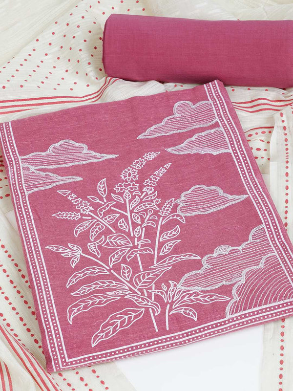 A 3-piece kurta set features a solid kurta adorned with a block-printed yoke and intricate embroidery details.(Pink)