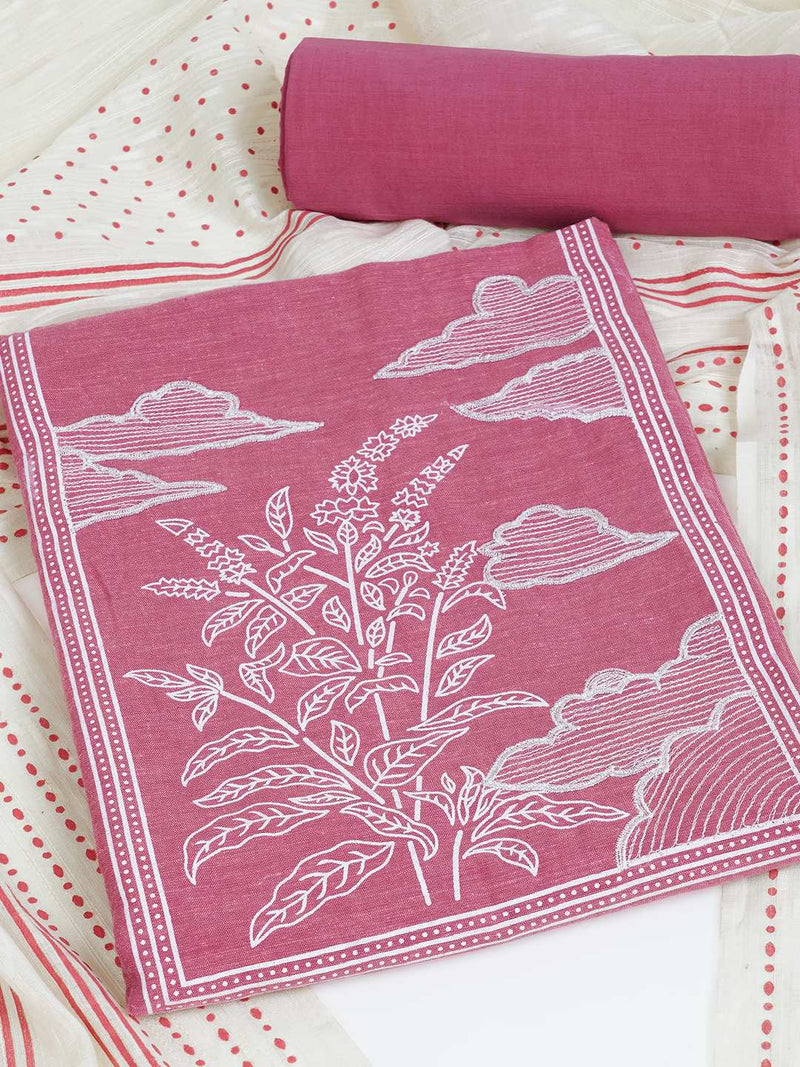 A 3-piece kurta set features a solid kurta adorned with a block-printed yoke and intricate embroidery details.(Pink)