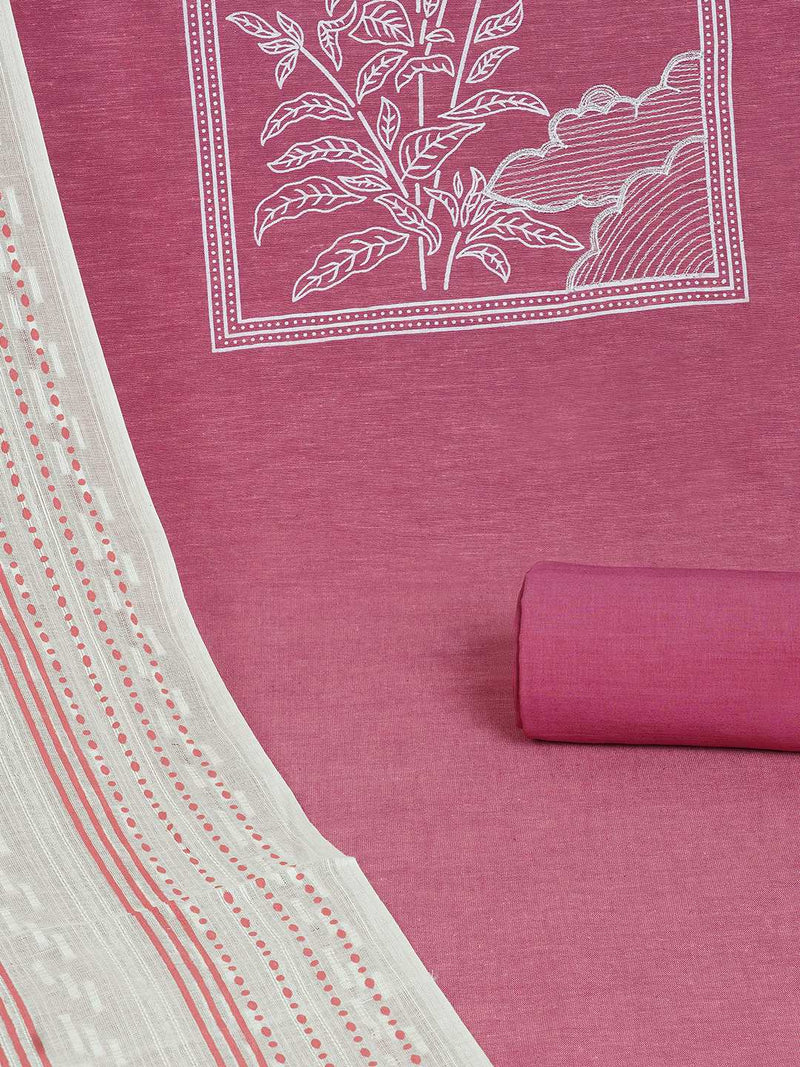 A 3-piece kurta set features a solid kurta adorned with a block-printed yoke and intricate embroidery details.(Pink)
