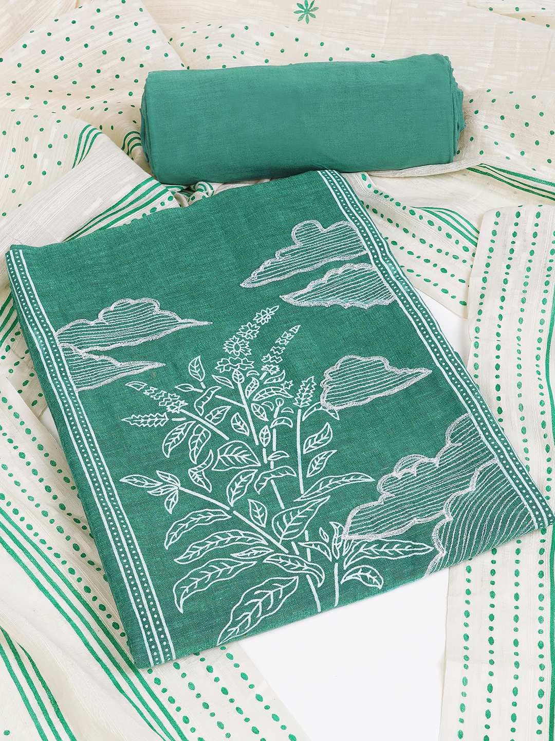 A 3-piece kurta set features a solid kurta adorned with a block-printed yoke and intricate embroidery details.(Blue)