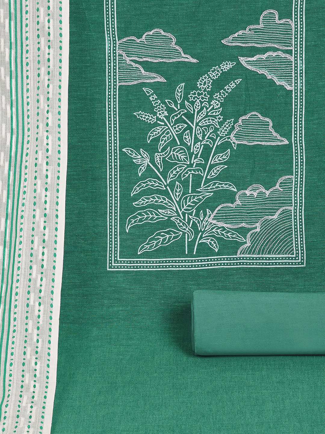 A 3-piece kurta set features a solid kurta adorned with a block-printed yoke and intricate embroidery details.(Blue)