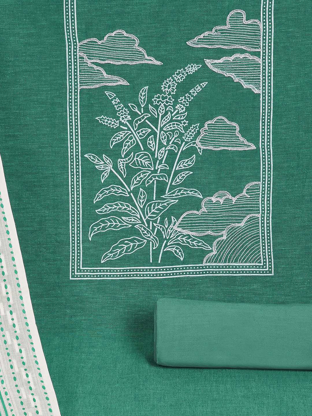 A 3-piece kurta set features a solid kurta adorned with a block-printed yoke and intricate embroidery details.(Blue)