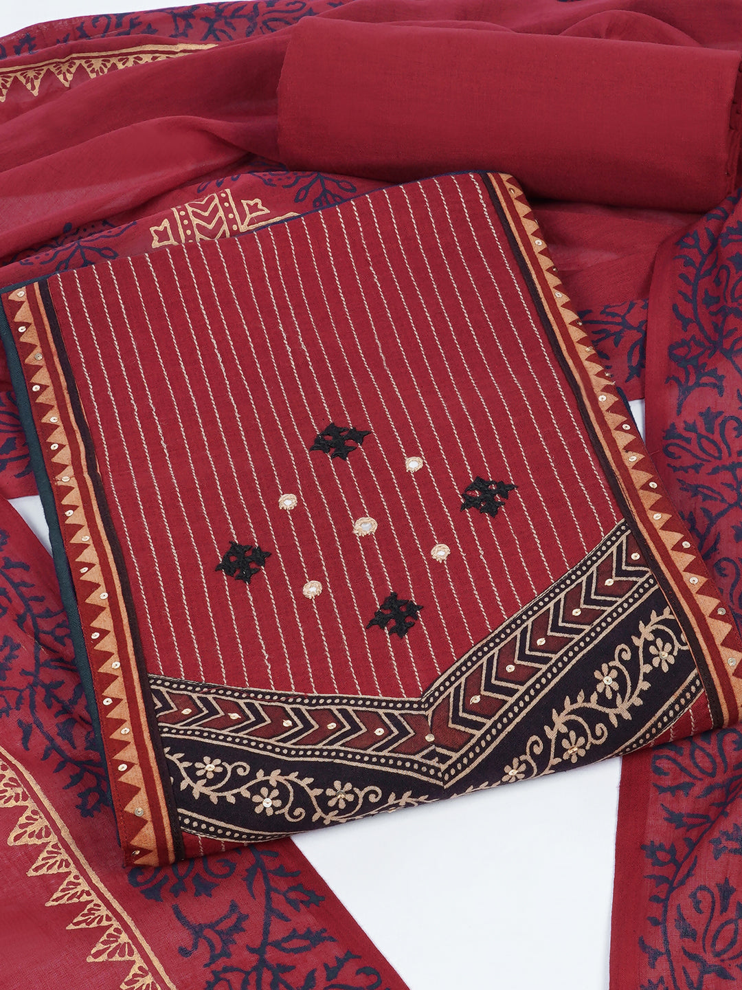 Cotton flex unstitched suit set, crafted with delicate handwork and refined stitch-line detailing.