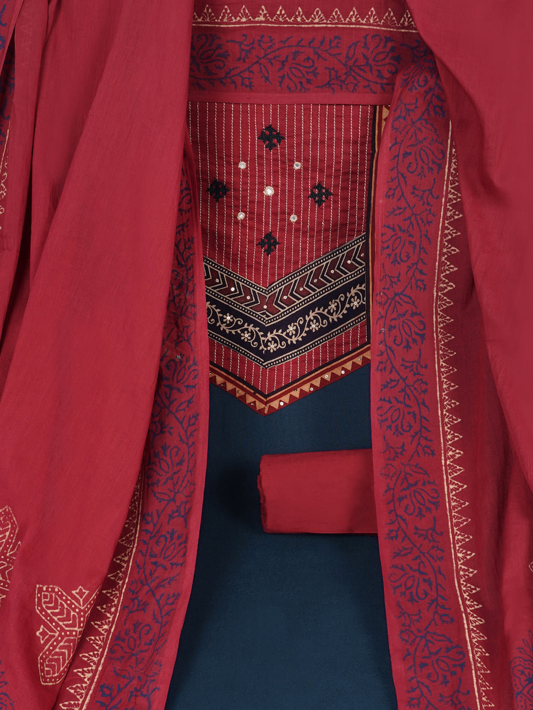 Cotton flex unstitched suit set, crafted with delicate handwork and refined stitch-line detailing.