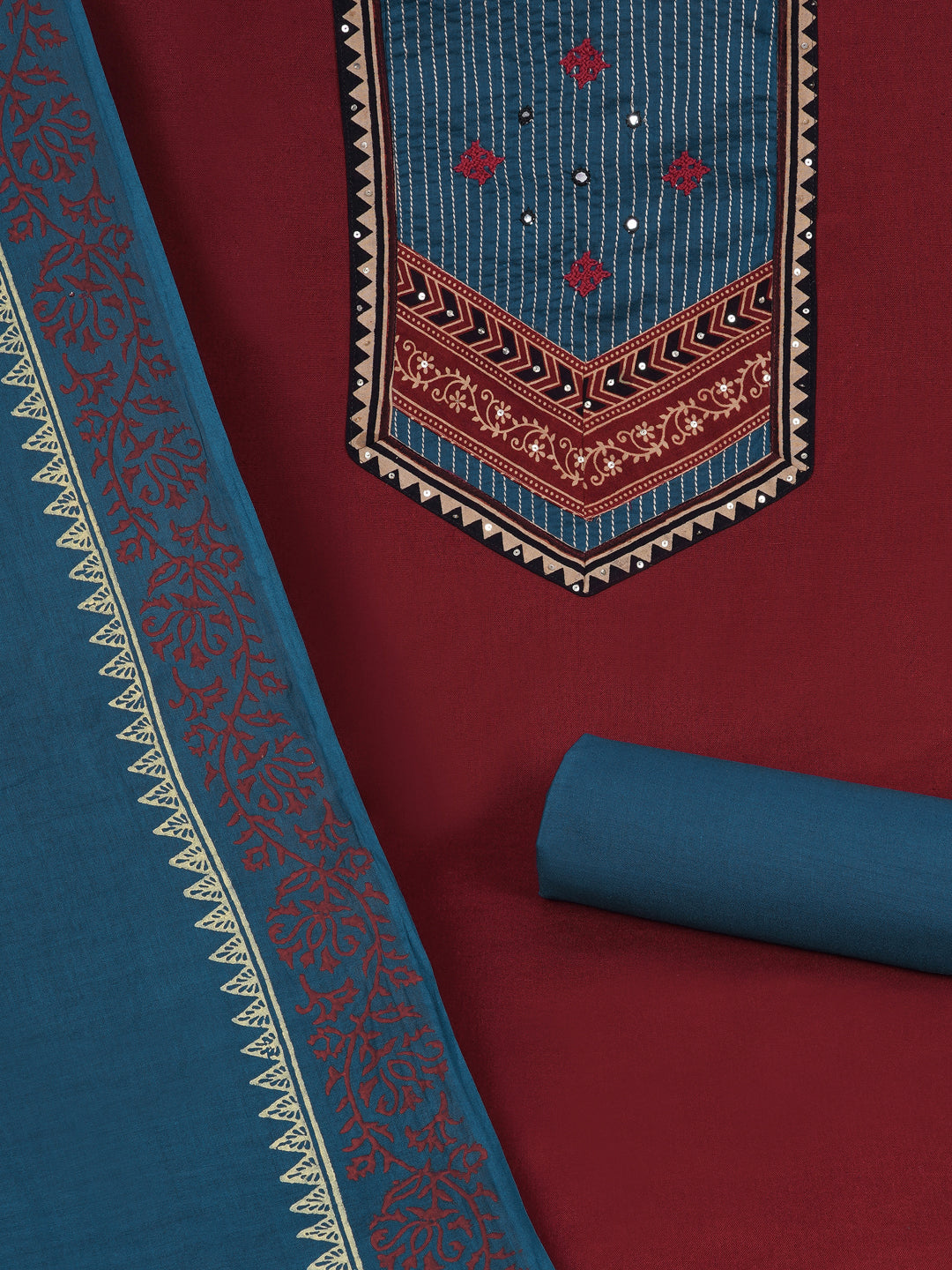 Cotton flex unstitched suit set, crafted with delicate handwork and refined stitch-line detailing.