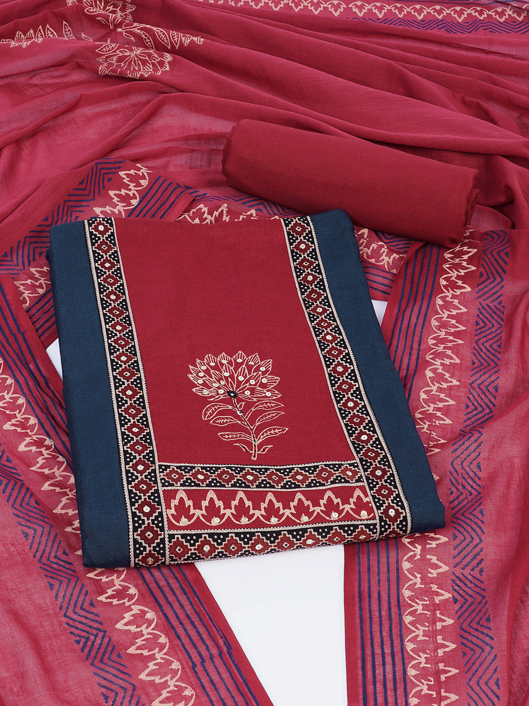 Elegant unstitched cotton flex suit set, designed with a striking contrast mix-and-match yoke.