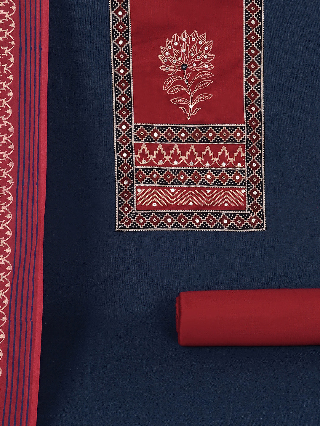 Elegant unstitched cotton flex suit set, designed with a striking contrast mix-and-match yoke.