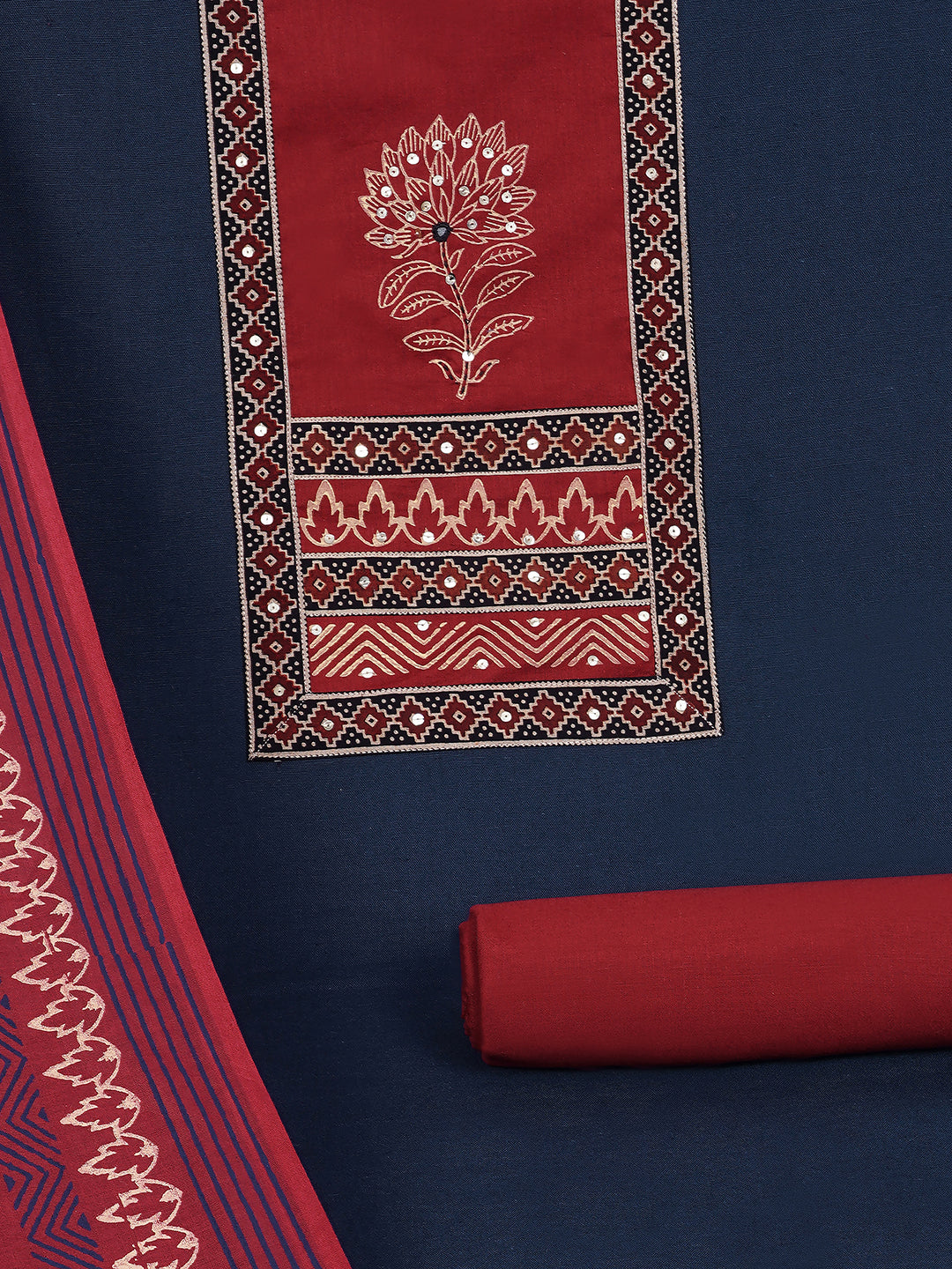 Elegant unstitched cotton flex suit set, designed with a striking contrast mix-and-match yoke.