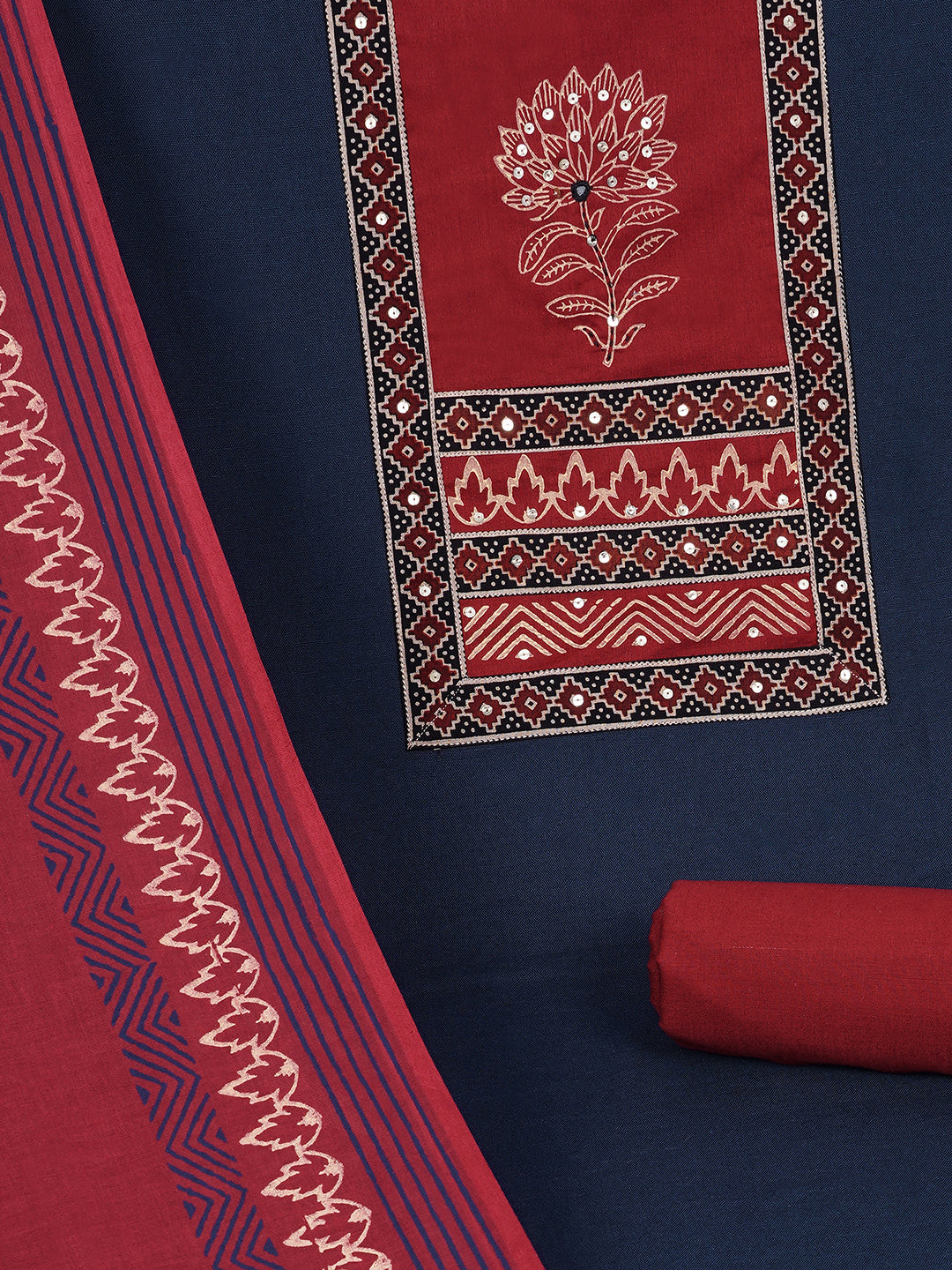 Elegant unstitched cotton flex suit set, designed with a striking contrast mix-and-match yoke.