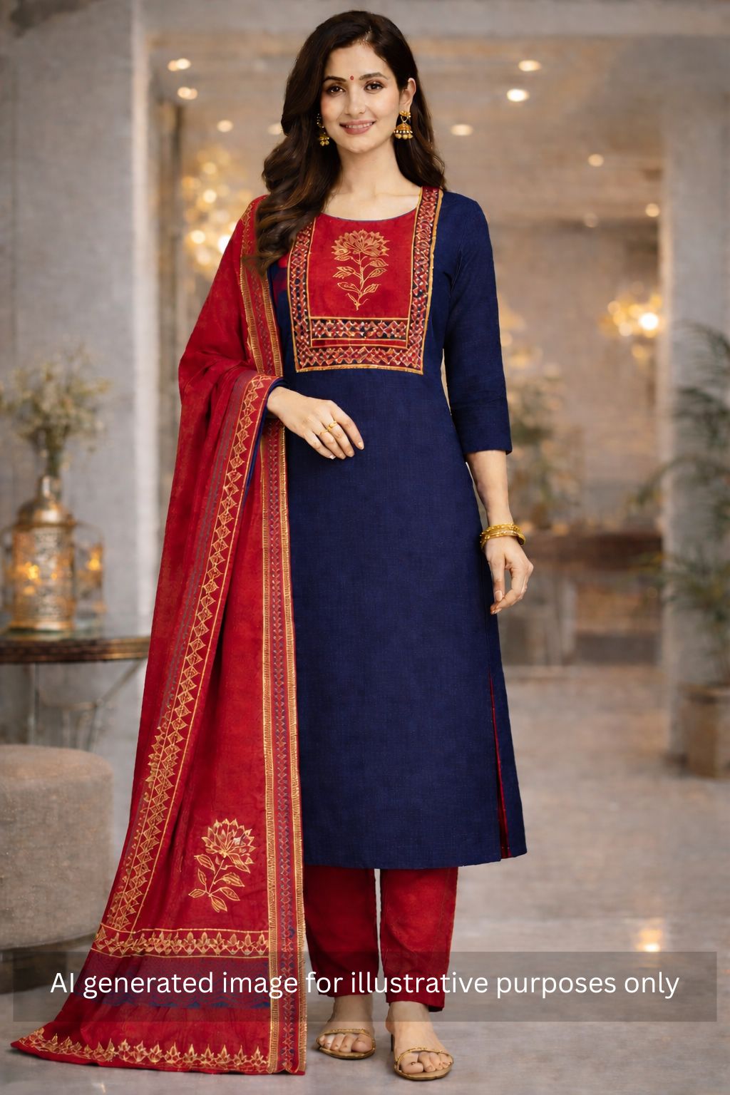 Elegant unstitched cotton flex suit set, designed with a striking contrast mix-and-match yoke.
