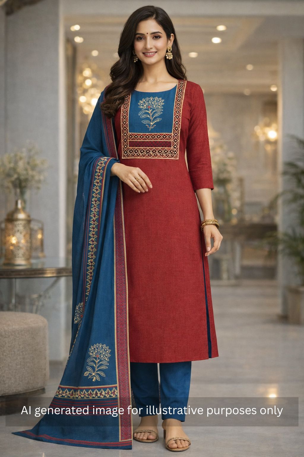 Elegant unstitched cotton flex suit set, designed with a striking contrast mix-and-match yoke.