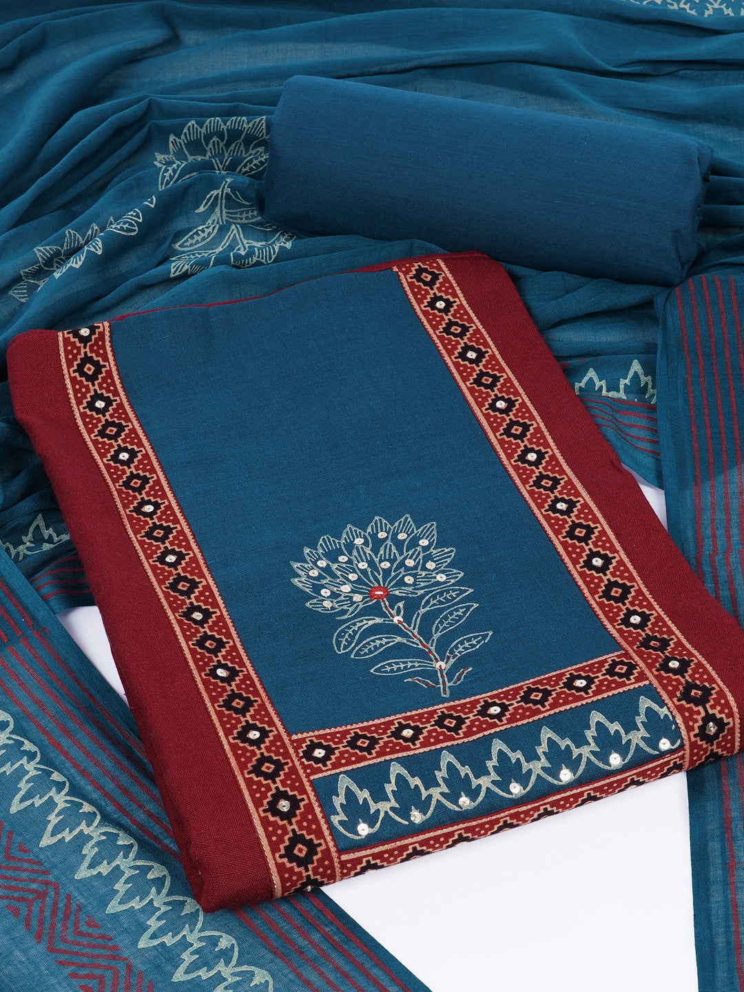 Elegant unstitched cotton flex suit set, designed with a striking contrast mix-and-match yoke.