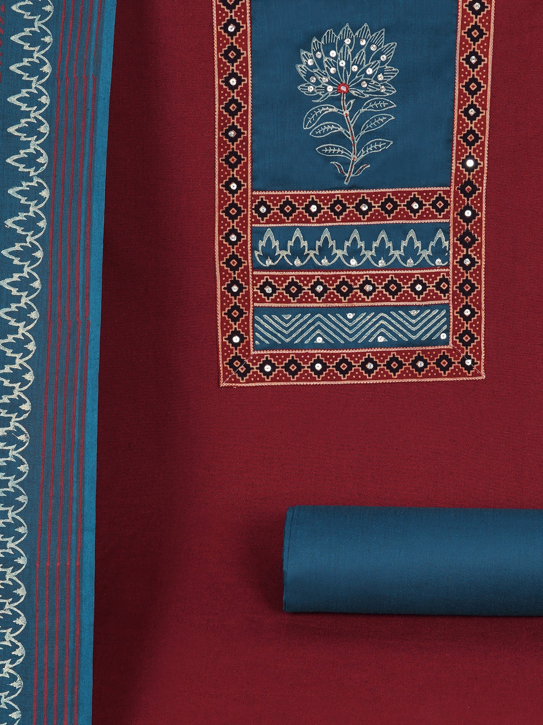 Elegant unstitched cotton flex suit set, designed with a striking contrast mix-and-match yoke.