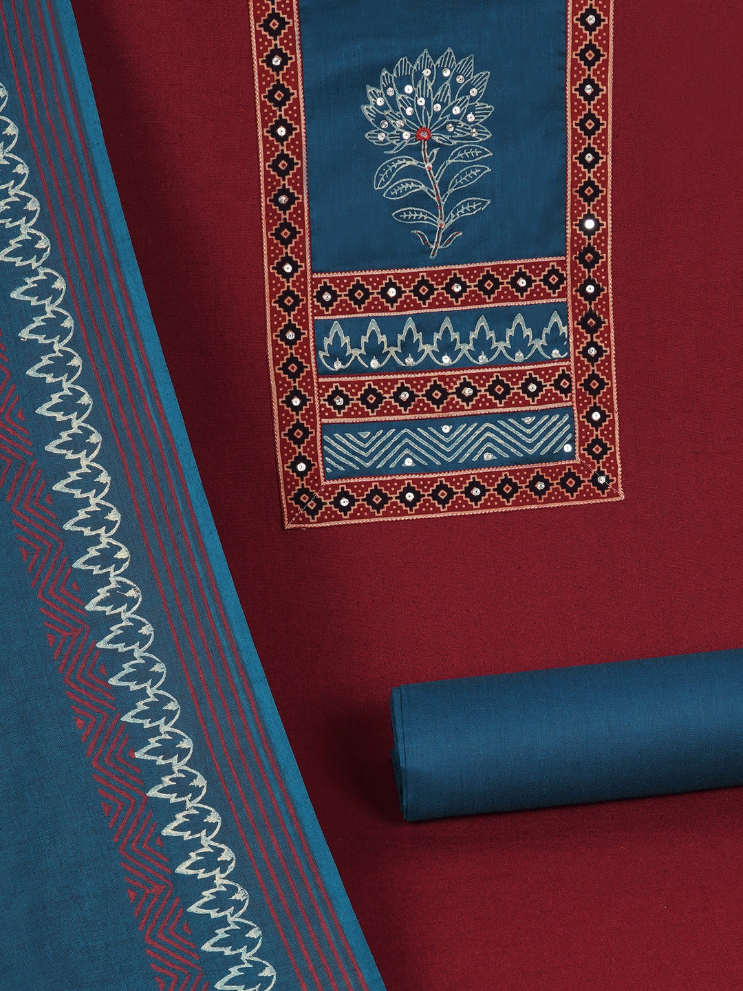Elegant unstitched cotton flex suit set, designed with a striking contrast mix-and-match yoke.