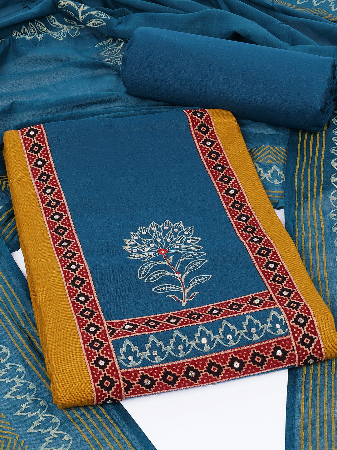 Elegant unstitched cotton flex suit set, designed with a striking contrast mix-and-match yoke.