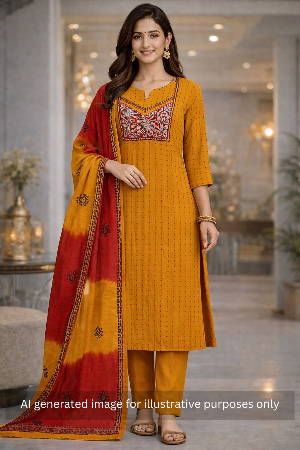 Unstitched suit set crafted in dobby fabric features a handcrafted Kalamkari printed patch.