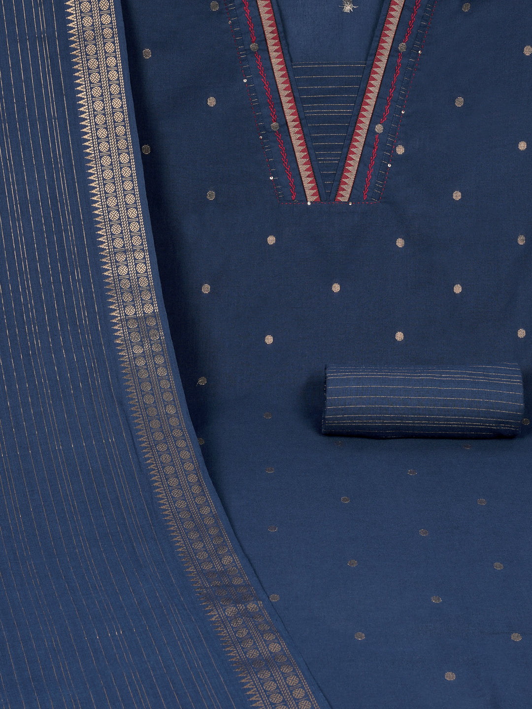 Unstitched suit set with zari dot embellished top paired with a zari striped bottom and dupatta.
