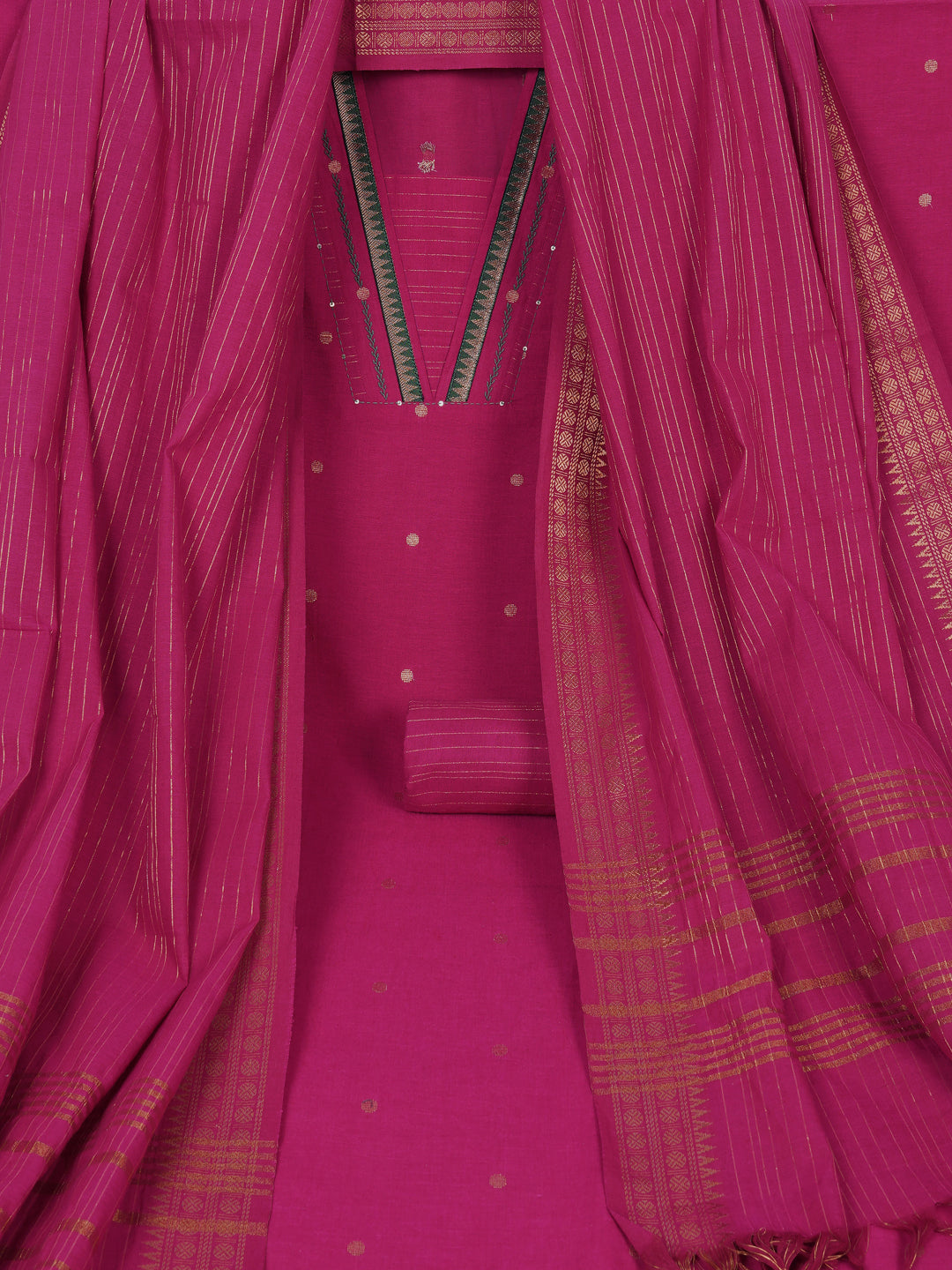 Unstitched suit set with zari dot embellished top paired with a zari striped bottom and dupatta.