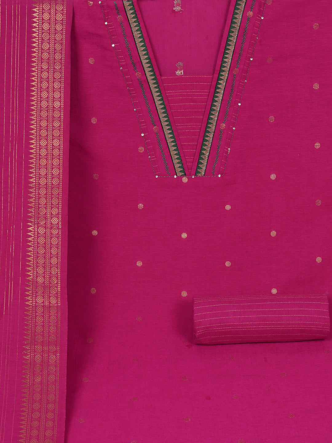 Unstitched suit set with zari dot embellished top paired with a zari striped bottom and dupatta.