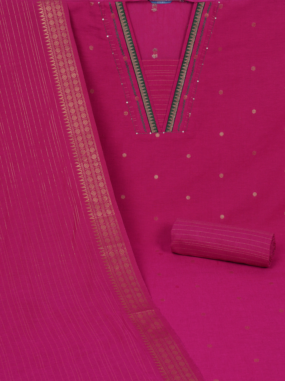 Unstitched suit set with zari dot embellished top paired with a zari striped bottom and dupatta.
