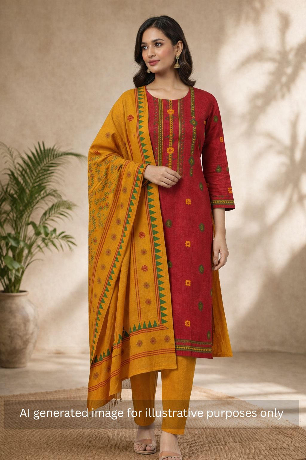 Crimson Handloom Dress Material with a striking Ikat-inspired dupatta.(Red)