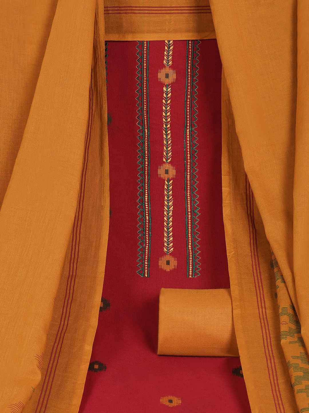 Crimson Handloom Dress Material with a striking Ikat-inspired dupatta.(Red)