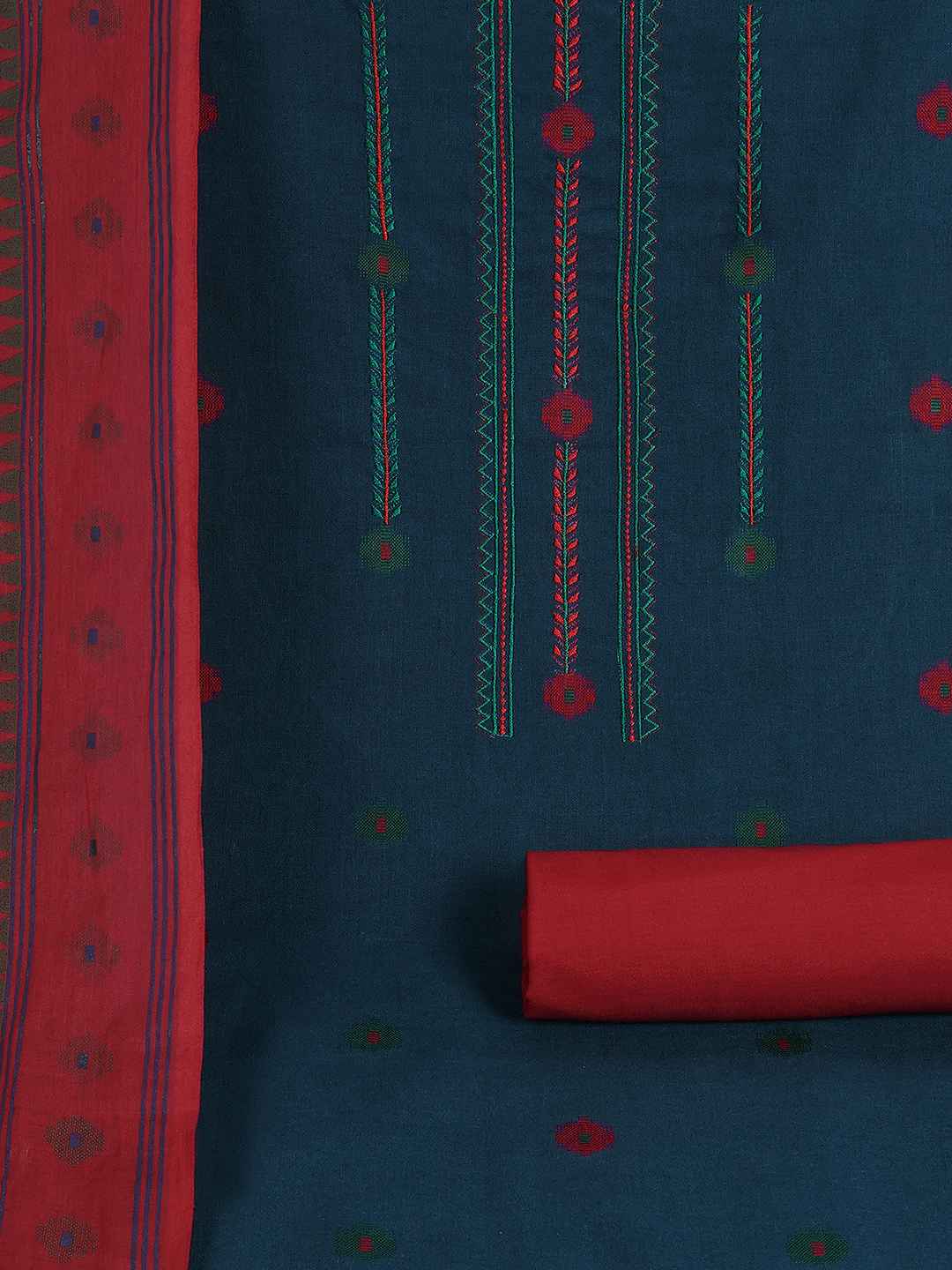 Crimson Handloom Dress Material with a striking Ikat-inspired dupatta.(Blue)