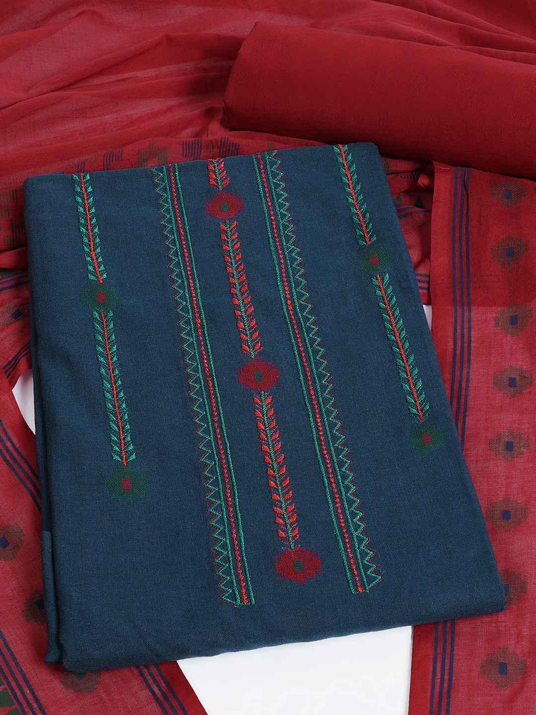 Crimson Handloom Dress Material with a striking Ikat-inspired dupatta.(Blue)