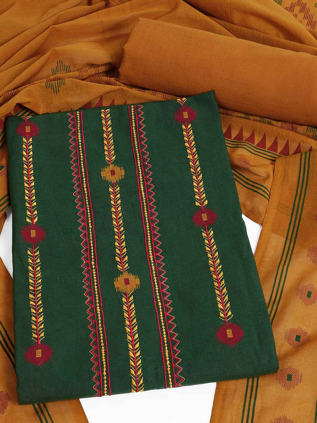 Crimson Handloom Dress Material with a striking Ikat-inspired dupatta.(Green)