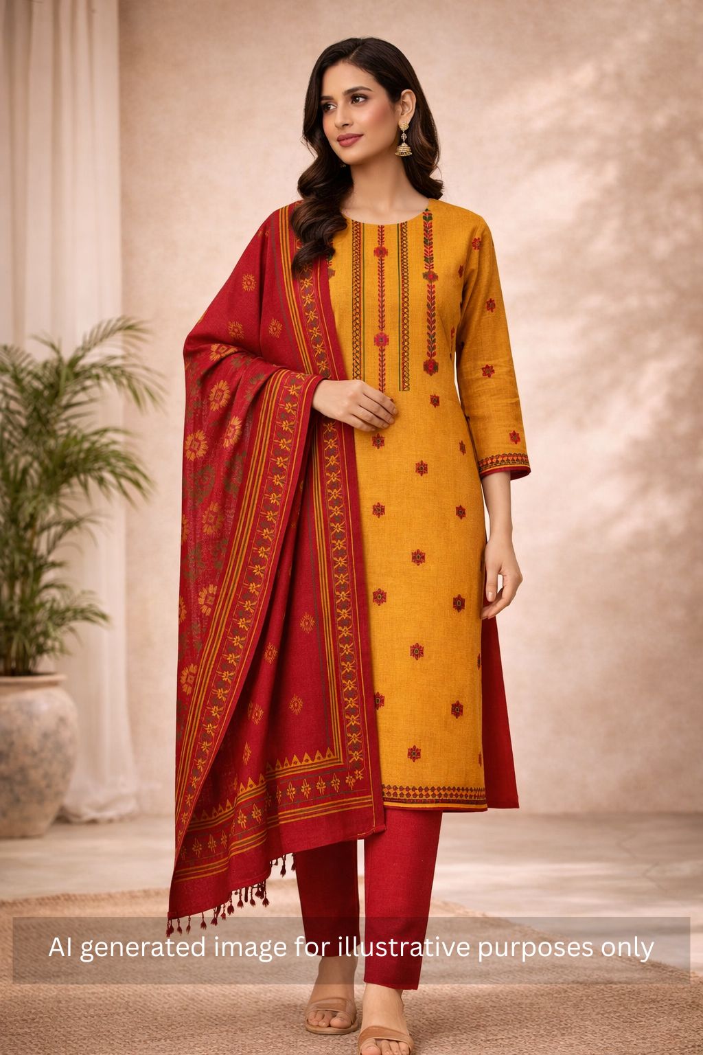 Crimson Handloom Dress Material with a striking Ikat-inspired dupatta.(Yellow)