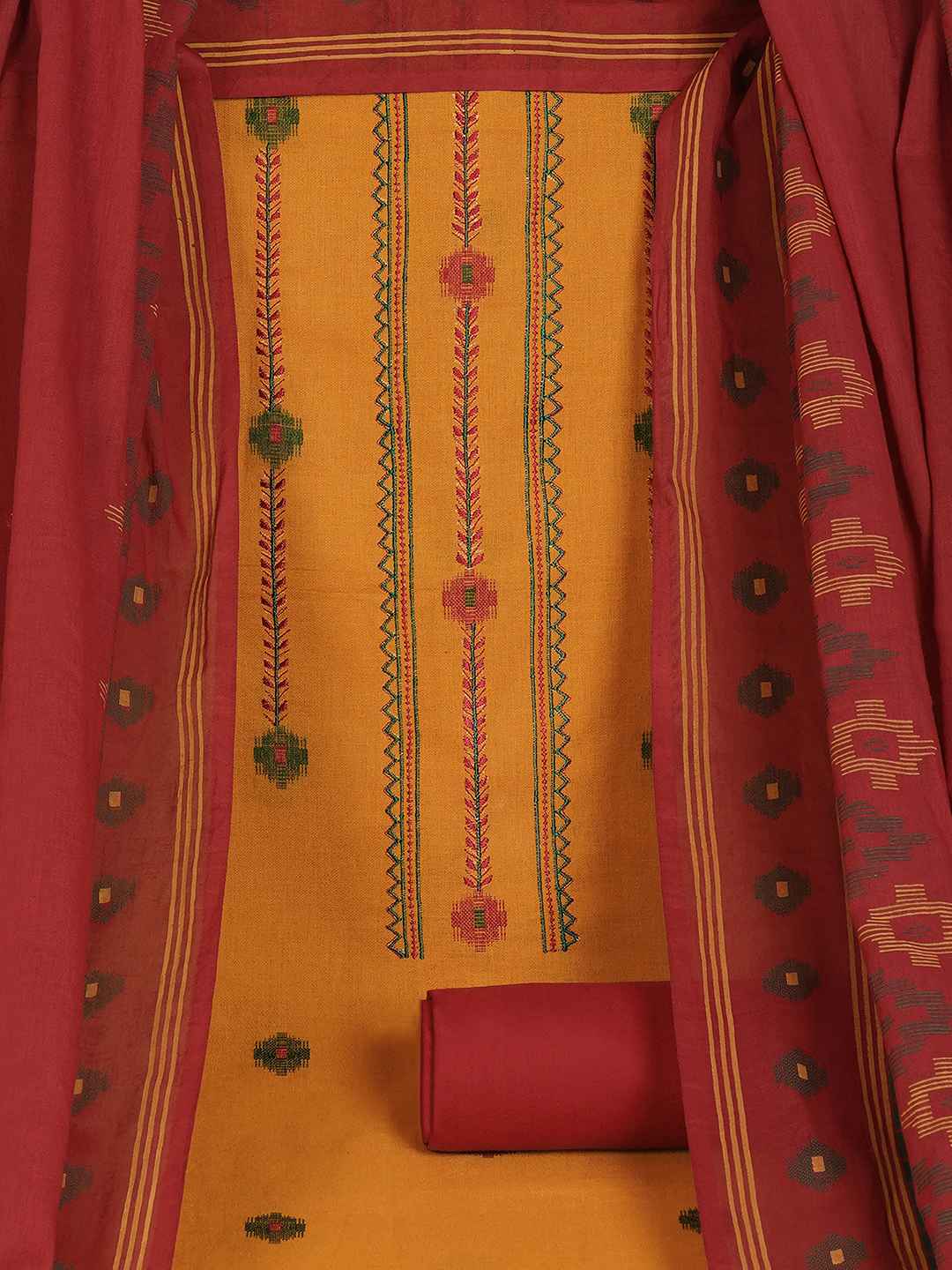 Crimson Handloom Dress Material with a striking Ikat-inspired dupatta.(Yellow)