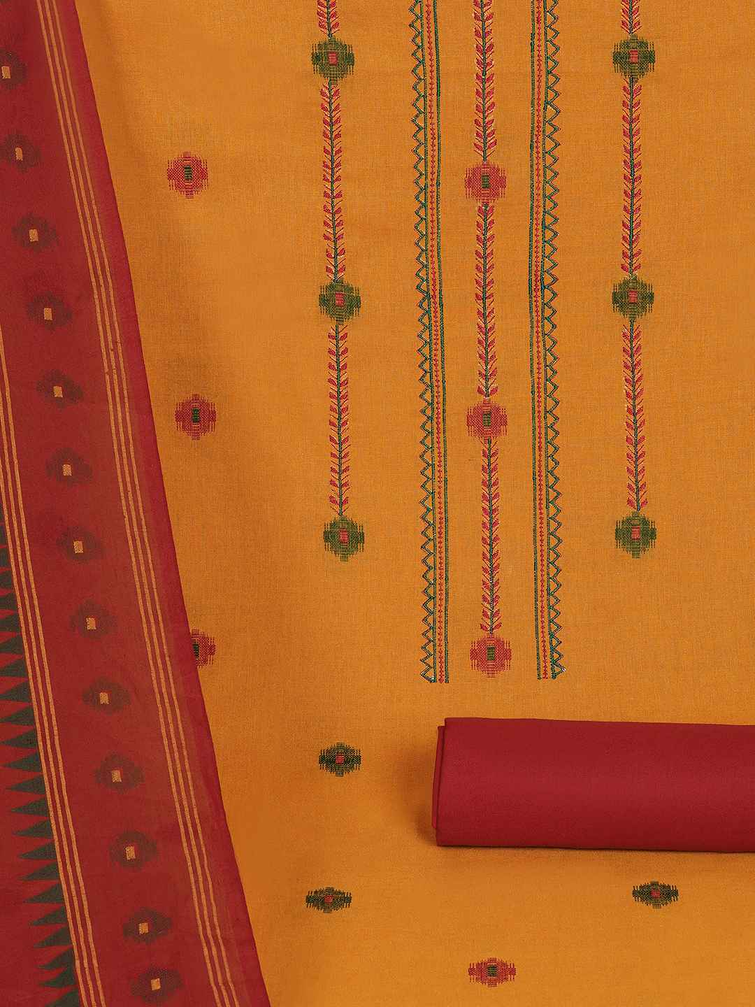 Crimson Handloom Dress Material with a striking Ikat-inspired dupatta.(Yellow)