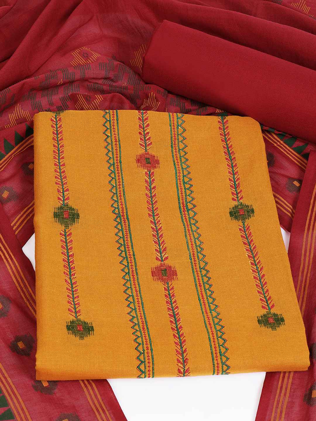 Crimson Handloom Dress Material with a striking Ikat-inspired dupatta.(Yellow)