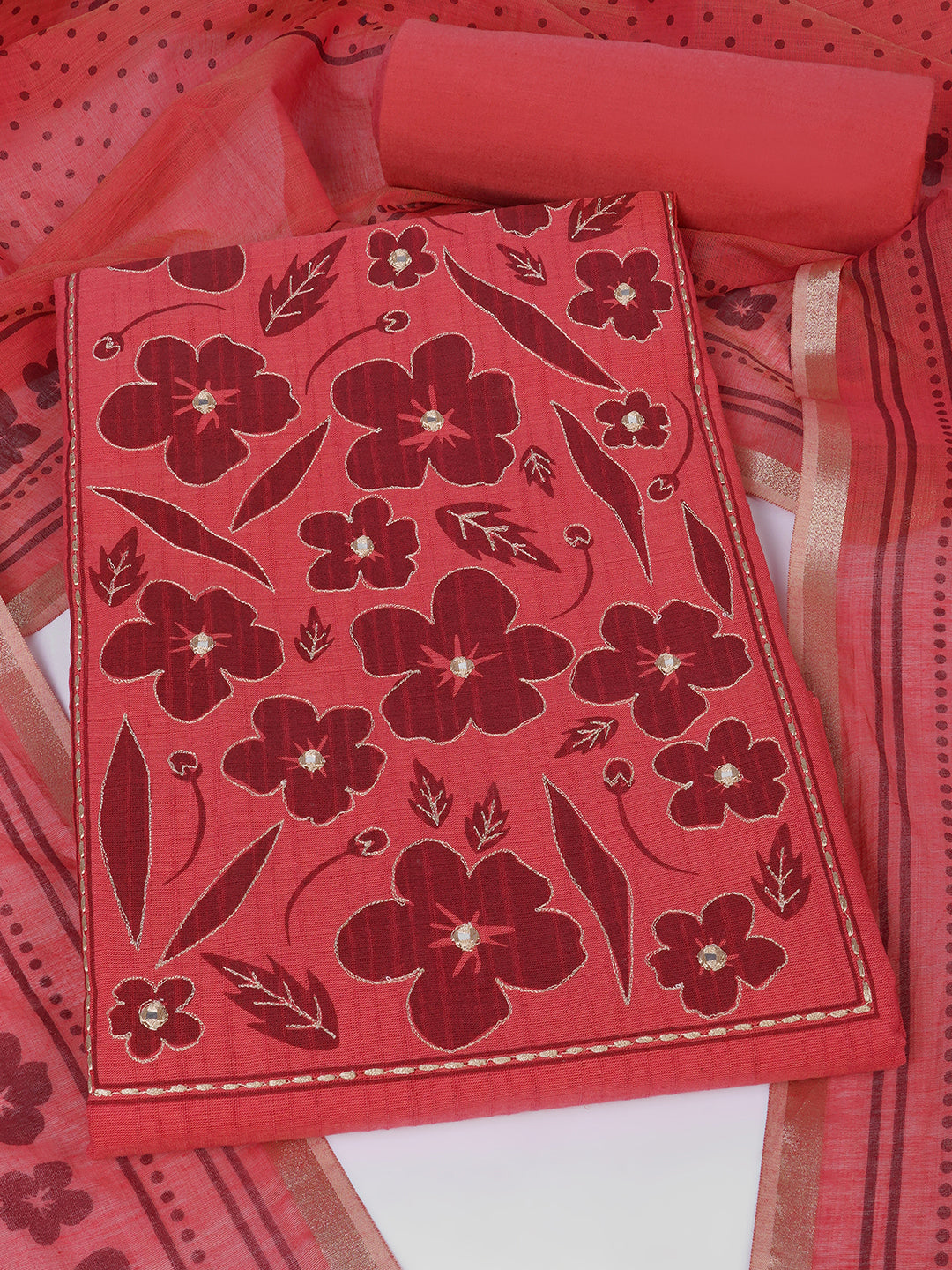 Unstitched Cotton Striped Dress Material with Applique Print paired with Plain Bottom & printed dupatta.(Pink)